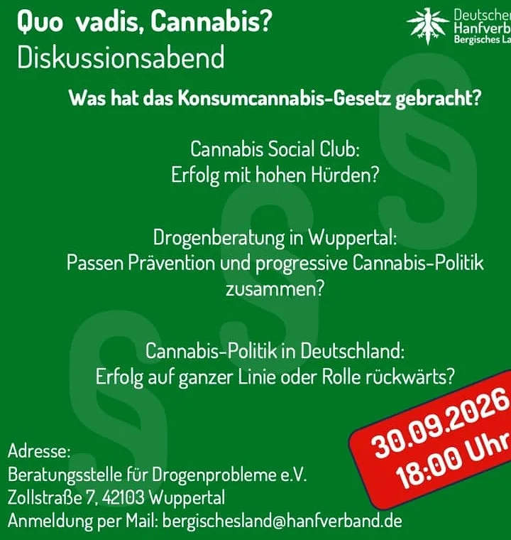 Die drei Themenblöcke des Diskussionsabends „Quo vadis, Cannabis?" am 30. September 2026 in Wuppertal.